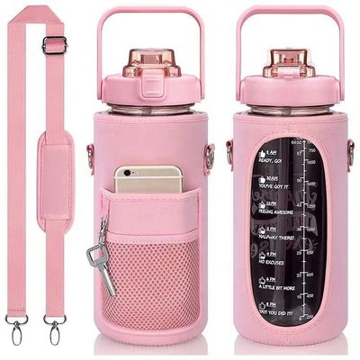 Garrafa de água de plástico com manga de armazenamento Marcador de tempo de palha motivacional Garrafa de 2000 ml