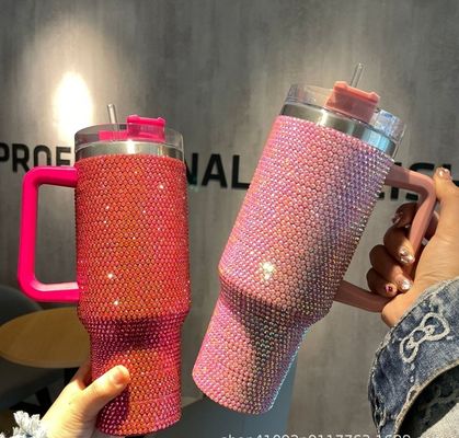 40oz de Diamante incrustado Fota de Água de Aço Inoxidável Copo de vácuo com palha e alça