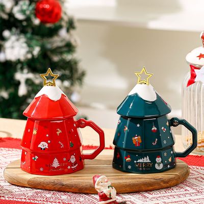 Caixa de presente de caneca de cerâmica de ossos sustentável com colher de tampa Design criativo de árvore de Natal