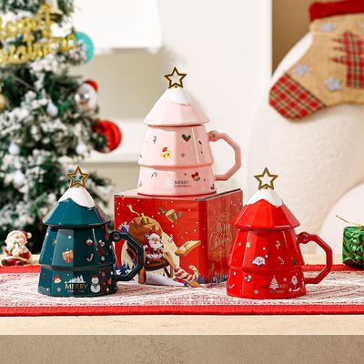 Caixa de presente de caneca de cerâmica de ossos sustentável com colher de tampa Design criativo de árvore de Natal
