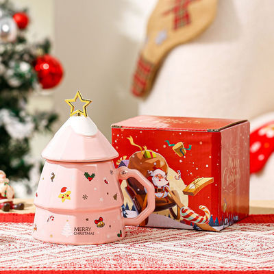 Caixa de presente de caneca de cerâmica de ossos sustentável com colher de tampa Design criativo de árvore de Natal