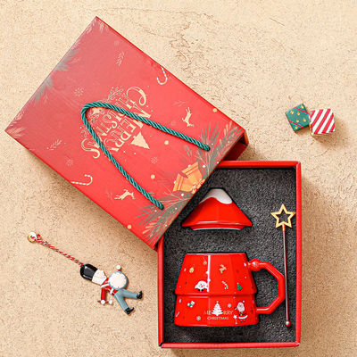 Caixa de presente de caneca de cerâmica de ossos sustentável com colher de tampa Design criativo de árvore de Natal