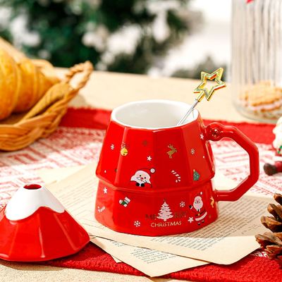 Caixa de presente de caneca de cerâmica de ossos sustentável com colher de tampa Design criativo de árvore de Natal