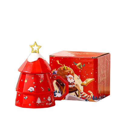 7x12.5cm caneca de cerâmica de café com tampa e colher caixa de presente de árvore de Natal festivo