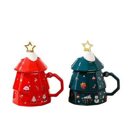 Copo cerâmico de árvore de Natal de grande capacidade com tampa e colher Perfeito presente de Natal