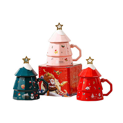 Copo cerâmico de árvore de Natal de grande capacidade com tampa e colher Perfeito presente de Natal