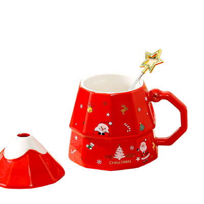 Copo cerâmico de árvore de Natal de grande capacidade com tampa e colher Perfeito presente de Natal