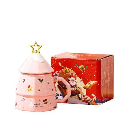Copo cerâmico de árvore de Natal de grande capacidade com tampa e colher Perfeito presente de Natal