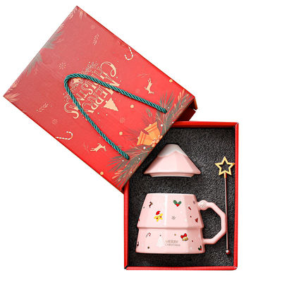 Copo cerâmico de árvore de Natal de grande capacidade com tampa e colher Perfeito presente de Natal