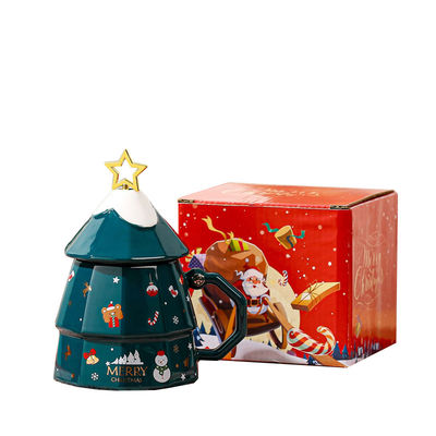 Copo cerâmico de árvore de Natal de grande capacidade com tampa e colher Perfeito presente de Natal
