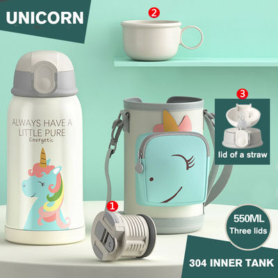 Termos portáteis de aço inoxidável de 550 ml com manga de copo e desenho animado de palha