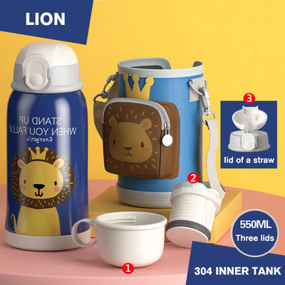 Termos portáteis de aço inoxidável de 550 ml com manga de copo e desenho animado de palha