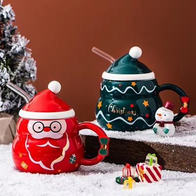 Logotipo personalizado aceitável taça de cerâmica de Natal com tampa e colher perfeito para presentes