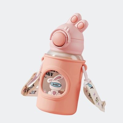 680ml Cartoon Straw Silicone Leather Cover Vacuum Isolated Water Bottle Para Crianças Crianças