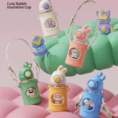 680ml Cartoon Straw Silicone Leather Cover Vacuum Isolated Water Bottle Para Crianças Crianças