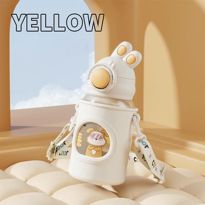 680ml Cartoon Straw Silicone Leather Cover Vacuum Isolated Water Bottle Para Crianças Crianças