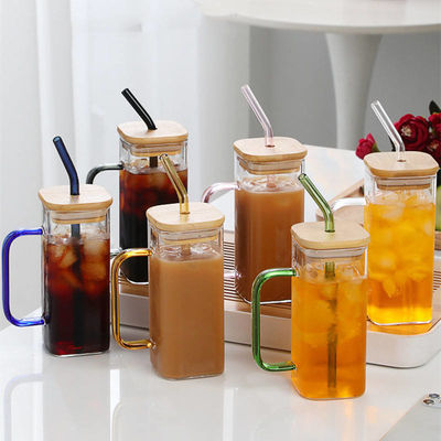 Morden Luxury Quadrado Forma Crianças Vidro Beber Suco Copo de Leite Com Manopla de Cor Capa de Bambú Palha de Vidro