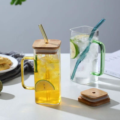 Morden Luxury Quadrado Forma Crianças Vidro Beber Suco Copo de Leite Com Manopla de Cor Capa de Bambú Palha de Vidro