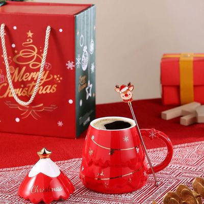 Conjunto de canecas de Natal em cerâmica com tampa e colher 400 ml 500 ml para o escritório Copo de chá da tarde
