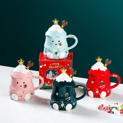 Conjunto de canecas de Natal em cerâmica com tampa e colher 400 ml 500 ml para o escritório Copo de chá da tarde