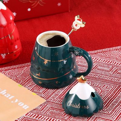 Conjunto de canecas de Natal em cerâmica com tampa e colher 400 ml 500 ml para o escritório Copo de chá da tarde