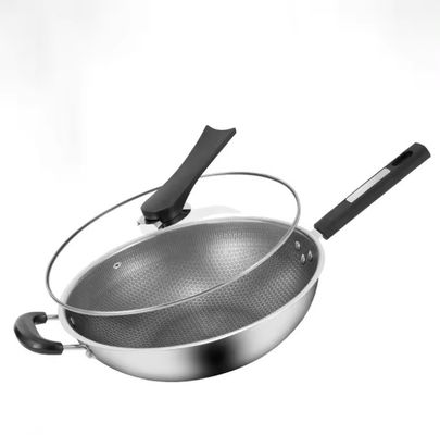 32cm 34cm Wok Pot antiaderente com tampa de vidro Feito de aço inoxidável 304 antibacteriano