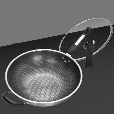 32cm 34cm Wok Pot antiaderente com tampa de vidro Feito de aço inoxidável 304 antibacteriano