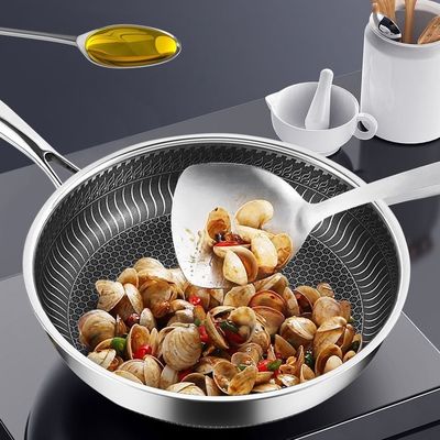 Skillets híbridos de aço inoxidável de camada tripla com design de favo de mel revestido de hexadecimal não pegajoso