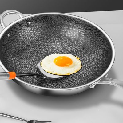 Resistente à ferrugem 304 Wok de aço inoxidável com revestimento antiaderente e padrão de favo de mel