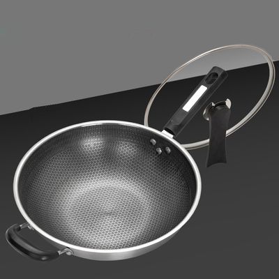 Resistente à ferrugem 304 Wok de aço inoxidável com revestimento antiaderente e padrão de favo de mel
