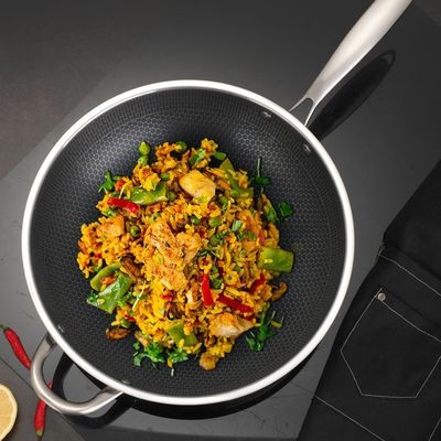 Resistente à ferrugem 304 Wok de aço inoxidável com revestimento antiaderente e padrão de favo de mel