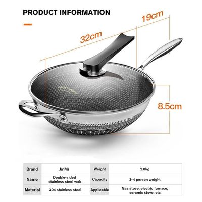 Revestimento interno antiaderente Wok de aço inoxidável com aquecimento rápido e modelos personalizáveis
