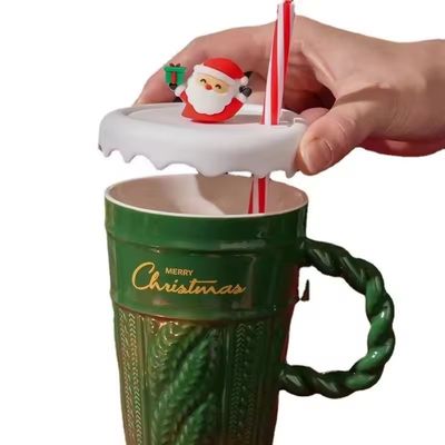 Copo de água de Natal em cerâmica de 2024 com tampa e palha para escritório casa bebida caneca design de presente para crianças