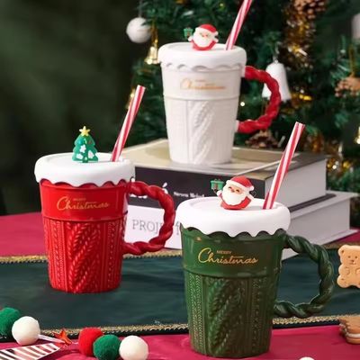 Copo de água de Natal em cerâmica de 2024 com tampa e palha para escritório casa bebida caneca design de presente para crianças