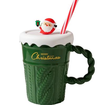 Copo cerâmico de árvore de Natal de 400 ml de capacidade com tampa e palha de material sustentável