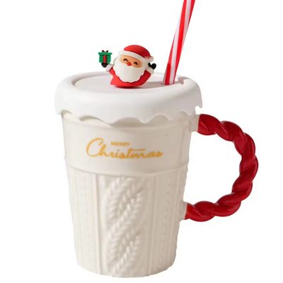 Copo cerâmico de árvore de Natal de 400 ml de capacidade com tampa e palha de material sustentável