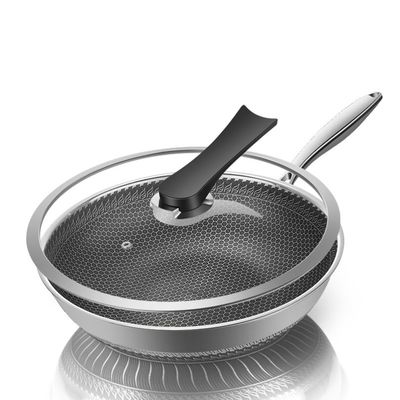 Wok de favo de mel de aço inoxidável antiaderente com logotipo de impressão personalizado e tampa transparente