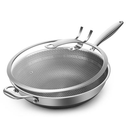 Wok de favo de mel de aço inoxidável antiaderente com logotipo de impressão personalizado e tampa transparente