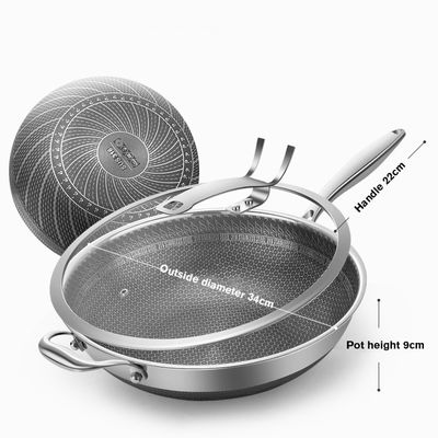 Wok de favo de mel de aço inoxidável antiaderente com logotipo de impressão personalizado e tampa transparente