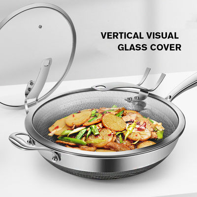Wok de favo de mel de aço inoxidável antiaderente com logotipo de impressão personalizado e tampa transparente