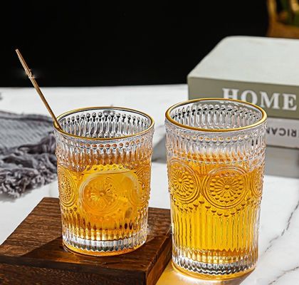 Padrão personalizado 300ml 380ml Retro Taça de vidro em relevo com borda de ouro e design de girassol