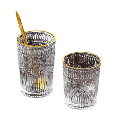 Padrão personalizado 300ml 380ml Retro Taça de vidro em relevo com borda de ouro e design de girassol