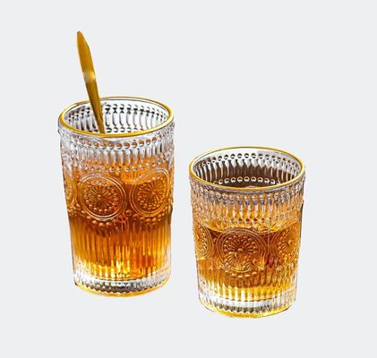 Padrão personalizado 300ml 380ml Retro Taça de vidro em relevo com borda de ouro e design de girassol