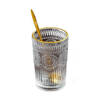 Padrão personalizado 300ml 380ml Retro Taça de vidro em relevo com borda de ouro e design de girassol