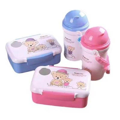 17*12*6,5cm Plástico desenho animado Cute Kids Bento Lunch Box Set com garrafa de água