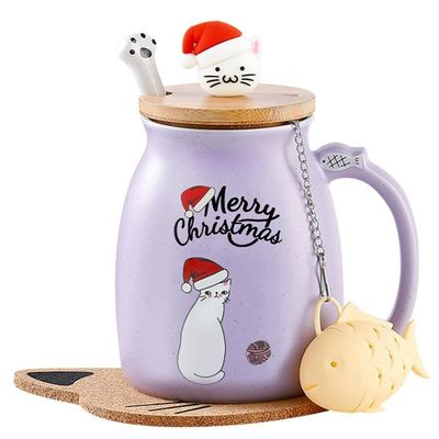 Copo de café cerâmico portátil à prova de vazamento com desenho de gatinho 3D e colher de aço inoxidável