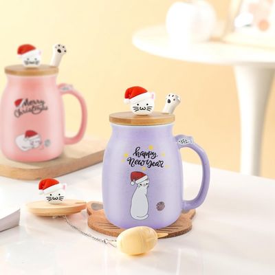Copo de café cerâmico portátil à prova de vazamento com desenho de gatinho 3D e colher de aço inoxidável