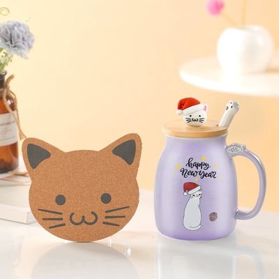 Logotipo personalizado aceitável Copo de café de cerâmica 380ml com desenho de gatinho e colher