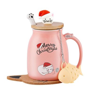 Logotipo personalizado aceitável Copo de café de cerâmica 380ml com desenho de gatinho e colher