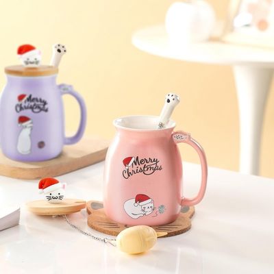 Cute Style Copo de café cerâmico portátil de 380ml com desenho 3D de gatinho e tampa de bambu